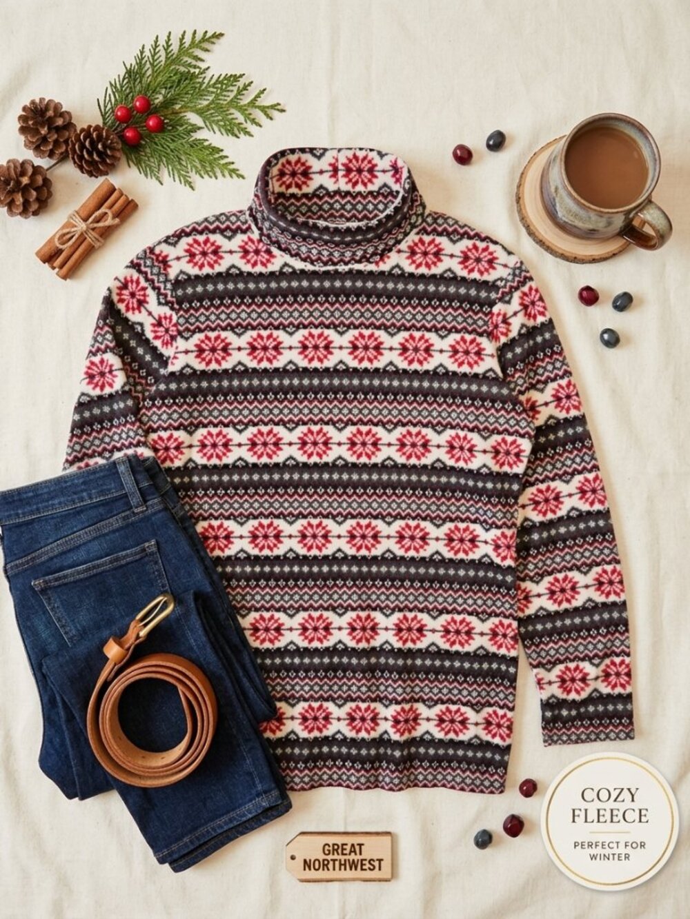 Great Northwest Women's Fleece Fair Isle Snowflake Mock Neck Sweater Pullower M